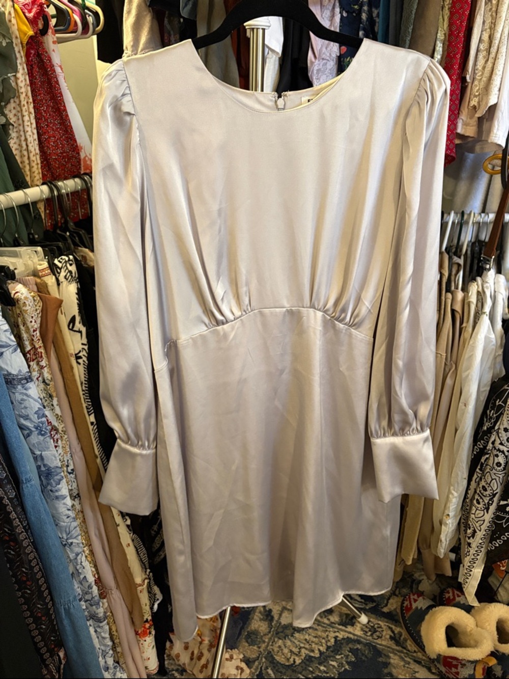 NWT Express Light Gray Satin Long-Sleeve Midi Dress